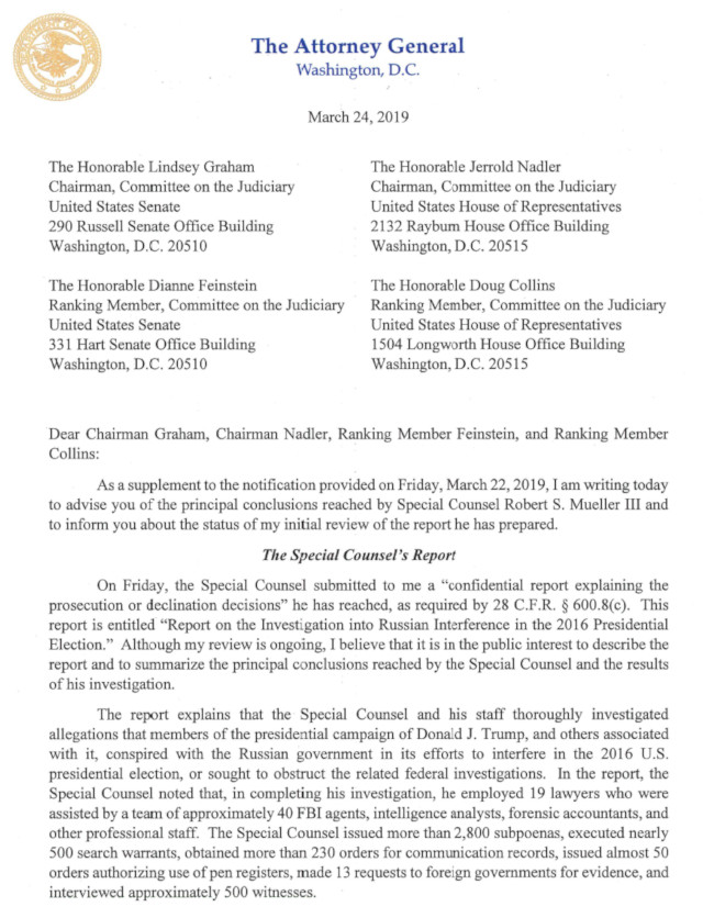 Attorney General  William P. Barr &  Justice Department’s Summary of Mueller Report