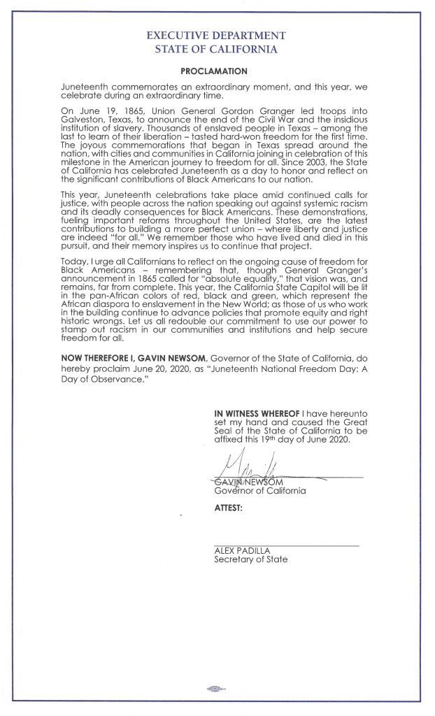 Governor Newsom Issues Proclamation Declaring Juneteenth Day of Observance