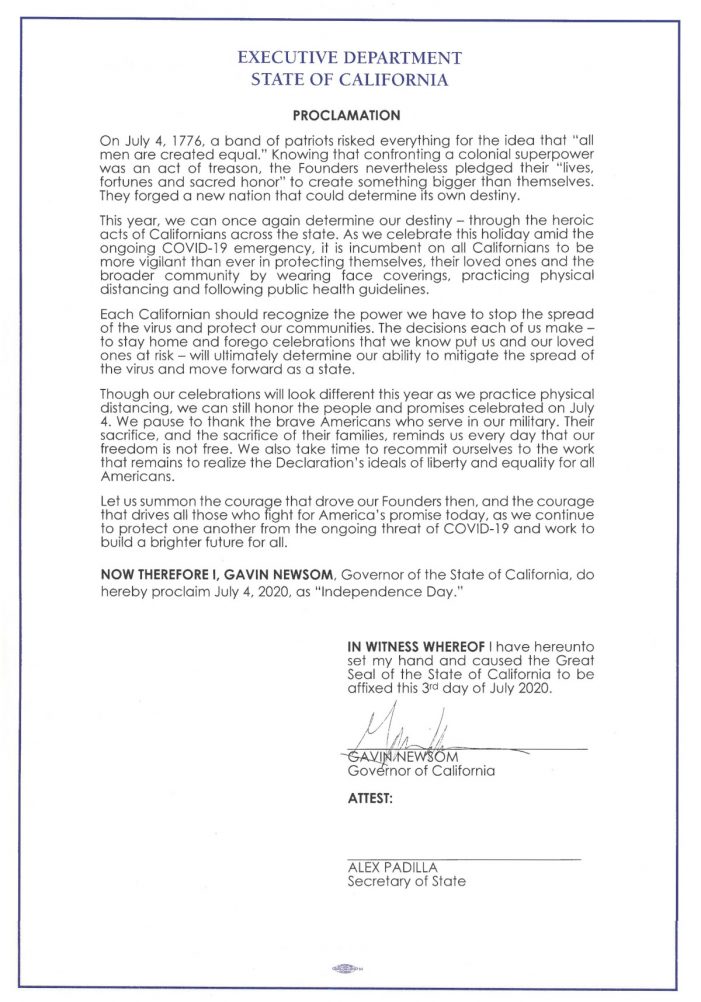 Governor Newsom Issues Proclamation Declaring Independence Day