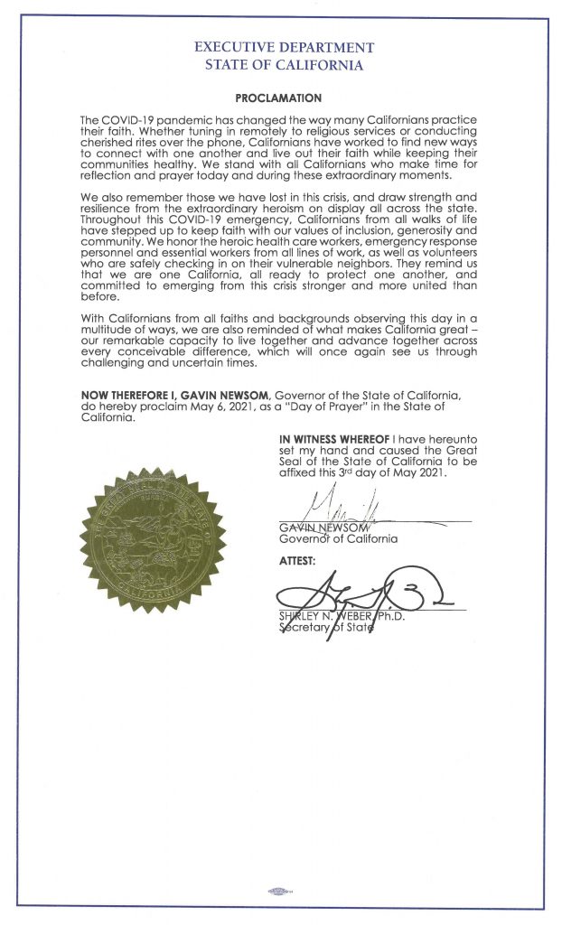 Governor Newsom’s Proclamation Declaring Day of Prayer 2021