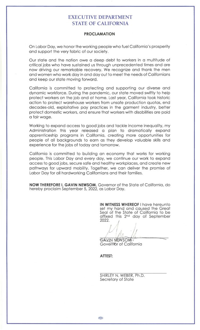 Governor Newsom Proclaims Labor Day 2022