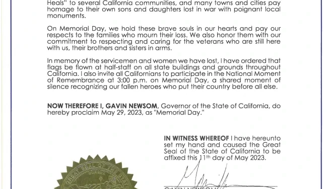 Governor Newsom Proclaims Memorial Day 2023